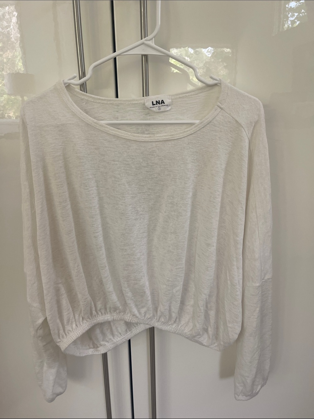 LNA White Long-Sleeve Cropped Top with Elastic Hem